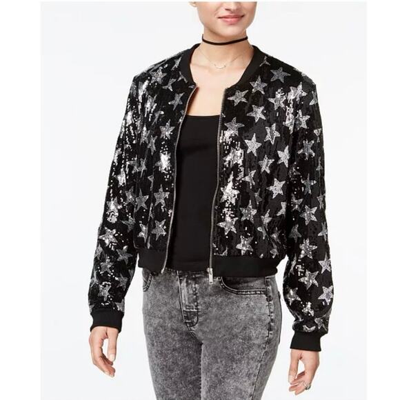 Say What? Bomber Jacket Sequin Silver Stars Embellished Full Zip L Sparkly NEW - Picture 2 of 12